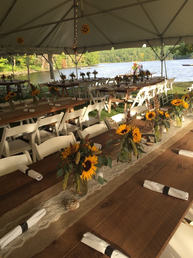 farm tables and burlap runners for rustic wedding