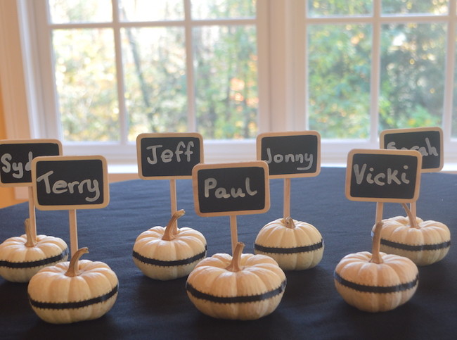 all lined up - finished white pumpkin chalkbord place cards