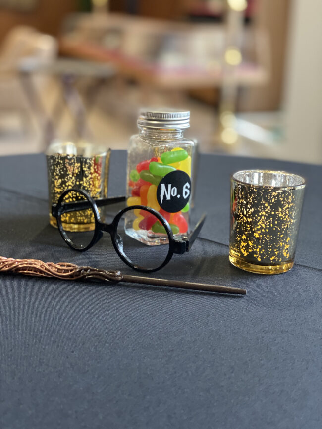 Harry Potter-themed cocktail table adornments.