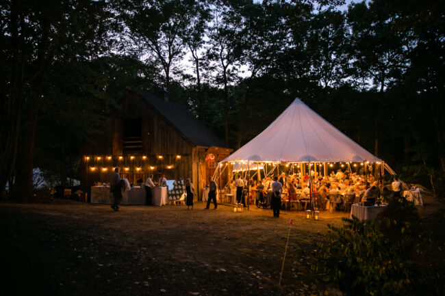 Reception tent at dusk