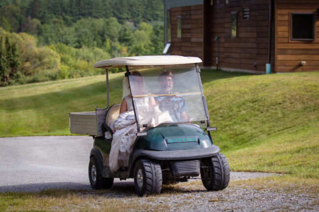 Bride gets ride to first look on golf cart