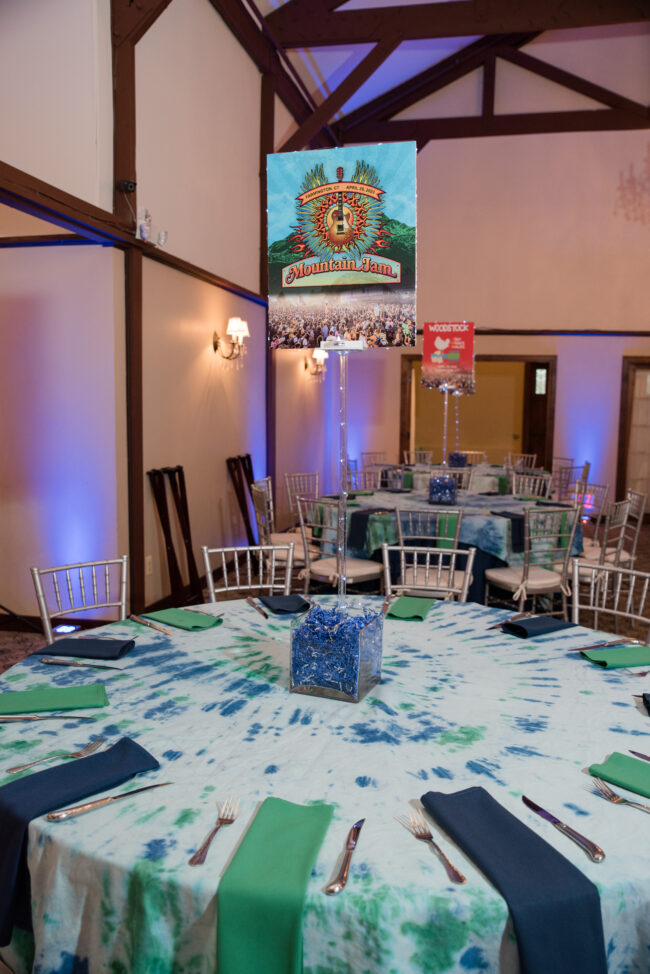 Music Festival centerpiece on tie-dye table cloth