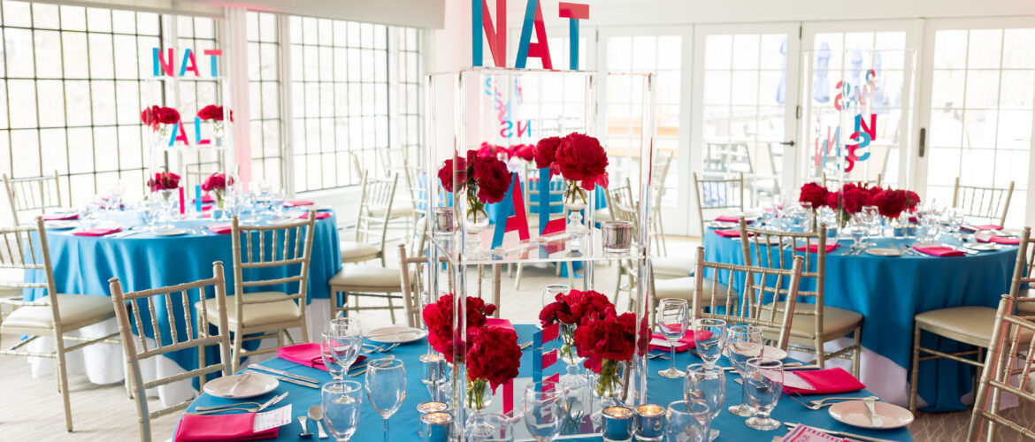 Pink and Blue tablescape with acrylic floral centerpieces