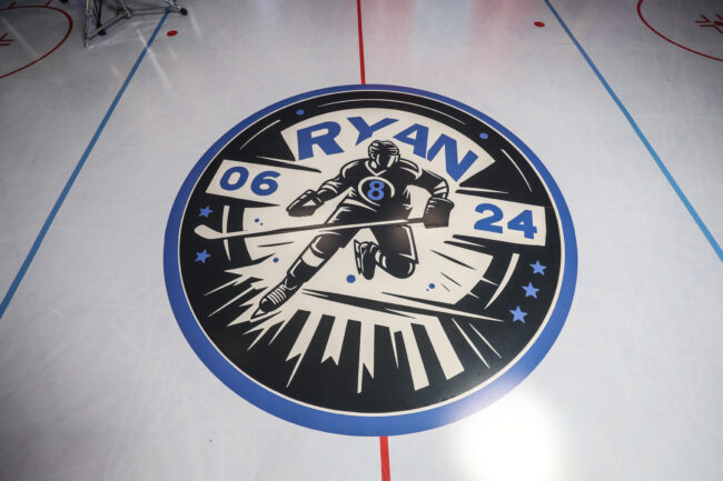 hockey rink dance floor wrap with party logo at 'center ice'