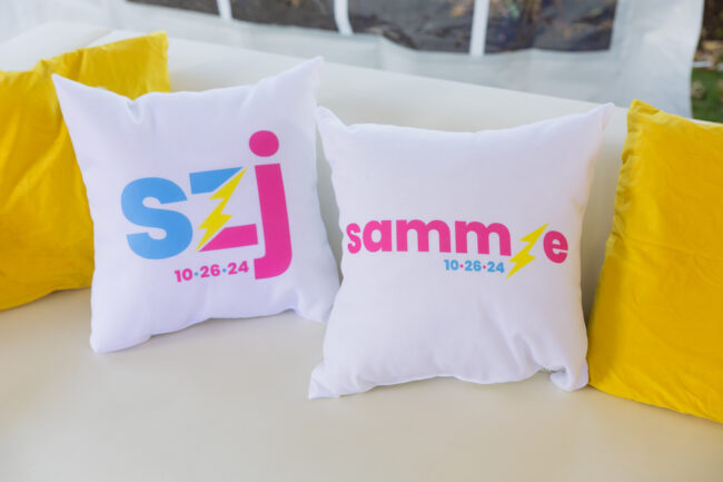 Logo'd pillows on kids' lounge