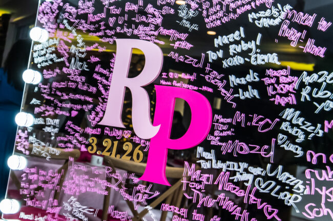 Sign-in mirror with colorful initials in vinyl